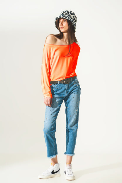 Camiseta naranja cuello barco de manga larga en modal