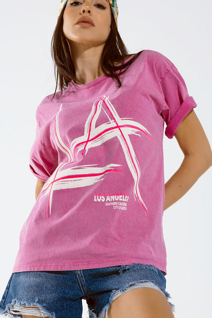 Camiseta oversize fucsia estampada LA Los Angeles en blanco y fucsia