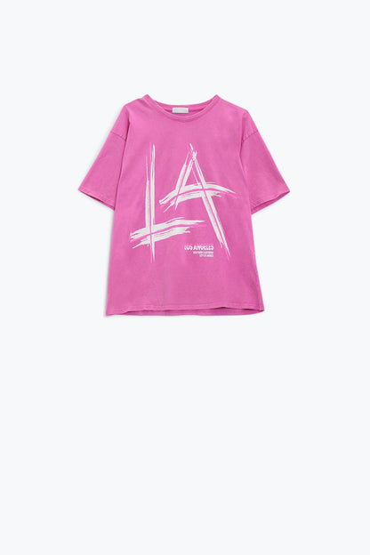 Camiseta oversize fucsia estampada LA Los Angeles en blanco y fucsia