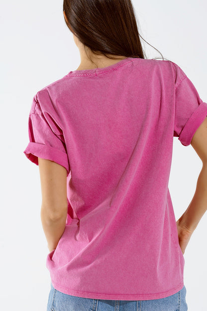 Camiseta oversize fucsia estampada LA Los Angeles en blanco y fucsia