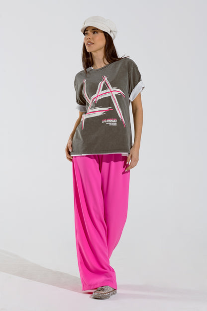 Camiseta oversize gris Estampados LA Los Angeles Los Angeles en rosa y blanco