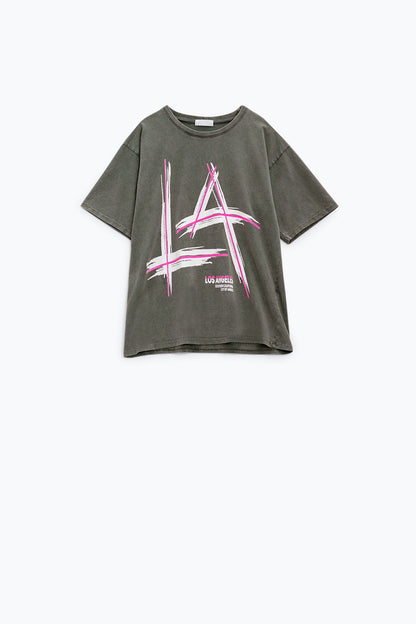 Camiseta oversize gris Estampados LA Los Angeles Los Angeles en rosa y blanco