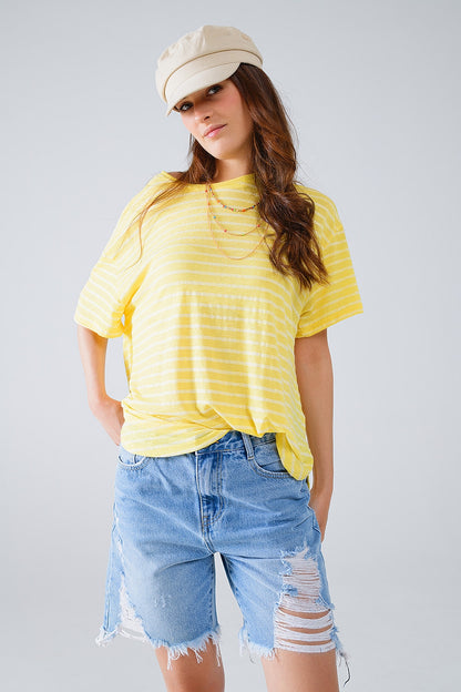 Camiseta relajada de rayas con cuello redondo en amarillo