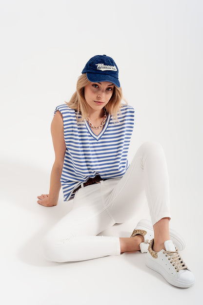 Camiseta sin mangas con hombreras y diseño de rayas en azul