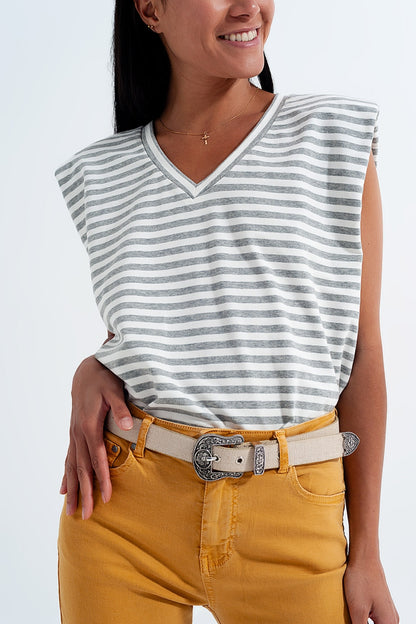 Camiseta sin mangas con hombreras y diseño de rayas en gris