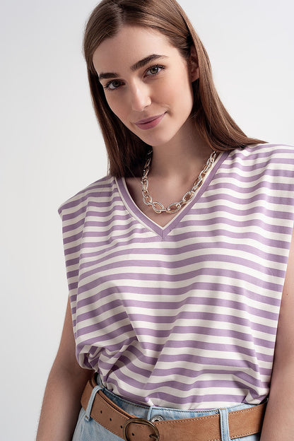 Camiseta sin mangas con hombreras y diseño de rayas en morado