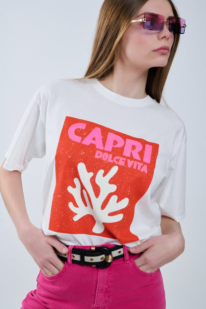 Capri La Dolce Vita Camiseta blanca con estampado gráfico
