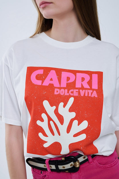 Capri La Dolce Vita Camiseta blanca con estampado gráfico