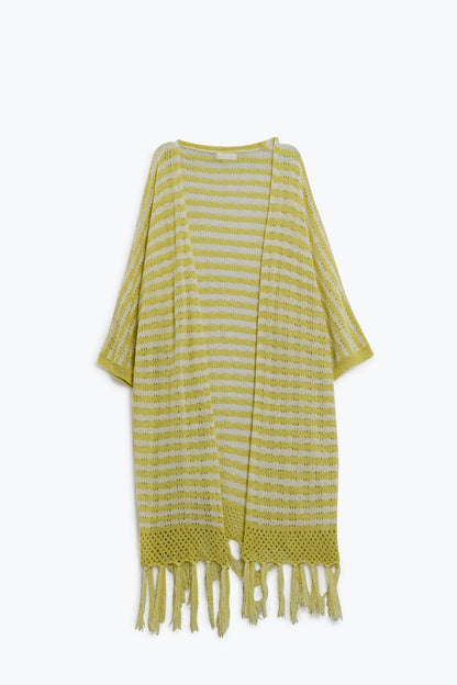 Q2 Cárdigan Amarillo Estilo Boho Con Punto Pointelle A Rayas Y Detalles De Flecos