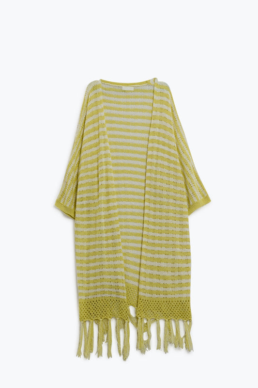 Q2 Cárdigan Amarillo Estilo Boho Con Punto Pointelle A Rayas Y Detalles De Flecos