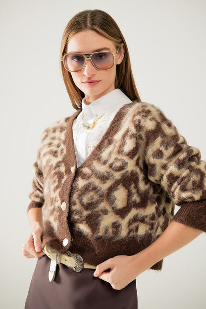 Q2 cárdigan con estampado de leopardo y lana en beige
