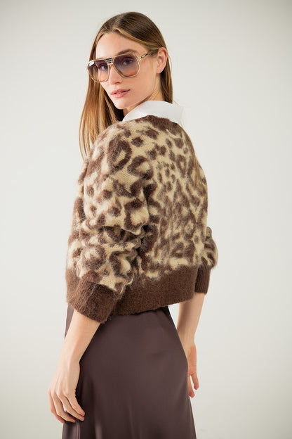 cárdigan con estampado de leopardo y lana en beige