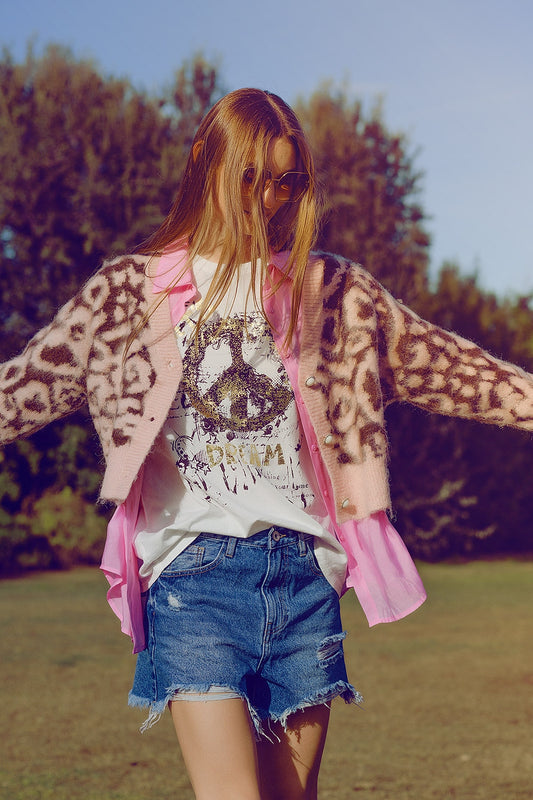 Q2 cárdigan con estampado de leopardo y lana en rosa
