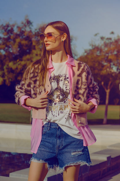 cárdigan con estampado de leopardo y lana en rosa