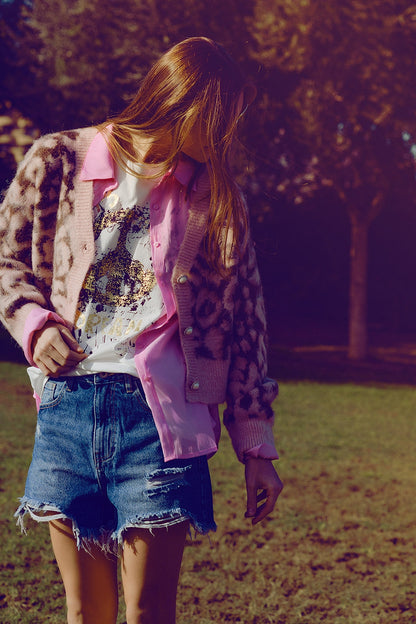 cárdigan con estampado de leopardo y lana en rosa