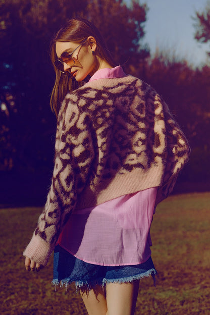 cárdigan con estampado de leopardo y lana en rosa