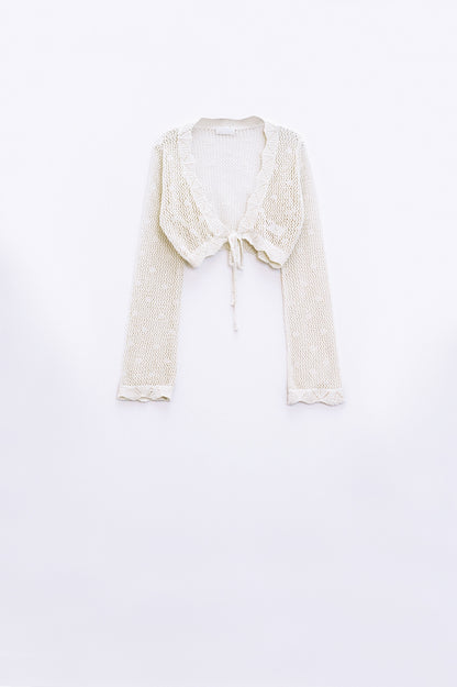 Q2 cárdigan corto de ganchillo beige con detalle de lúrex