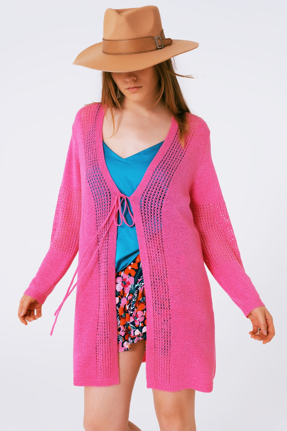 Cárdigan de Croché con Cordón de Ajuste en Rosa