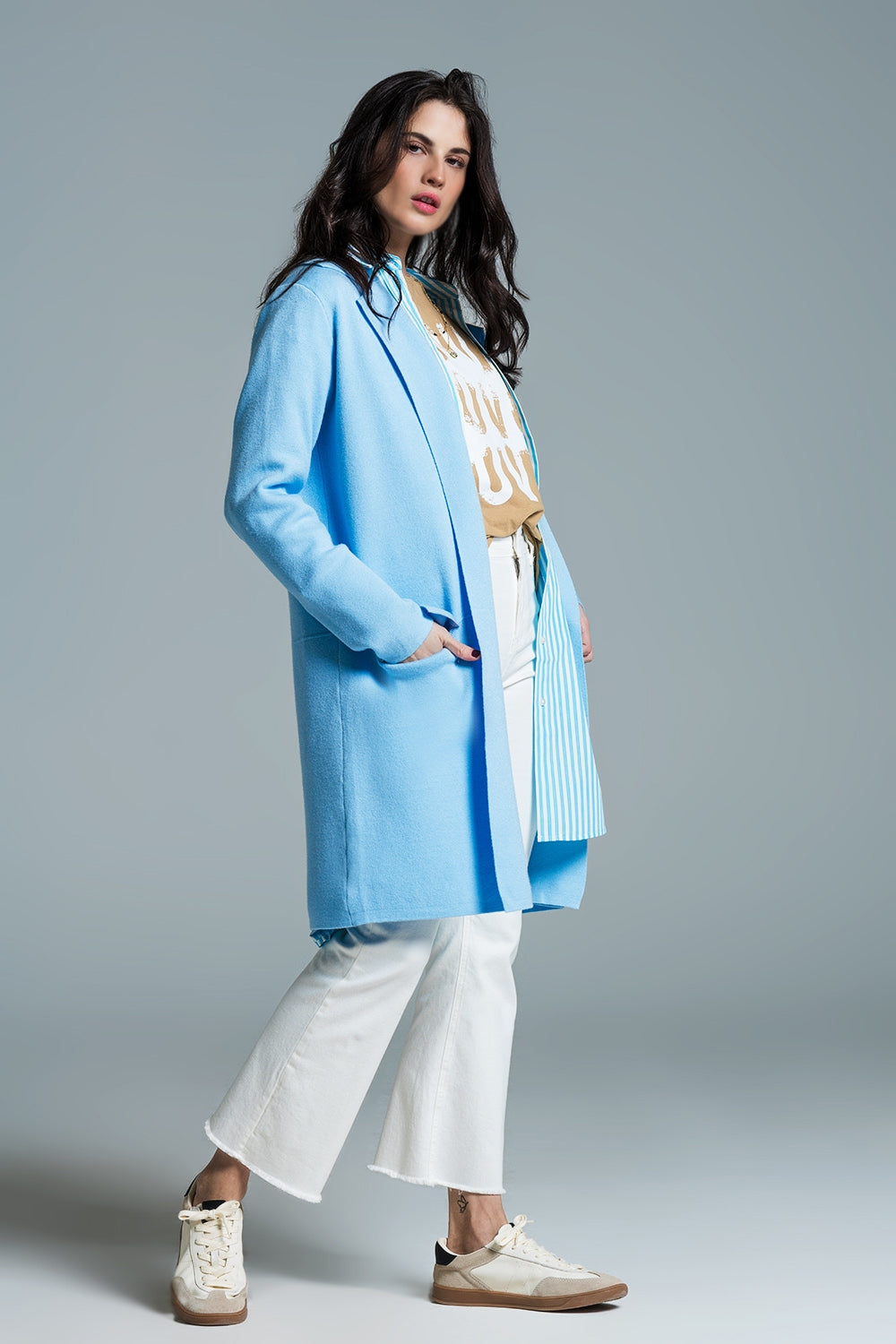 Cárdigan maxi de cuello oversize en azul bebé