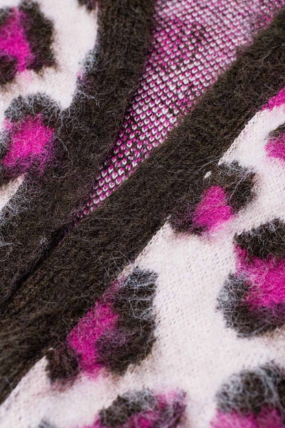 Cárdigan rosa con estampado de leopardo y lana