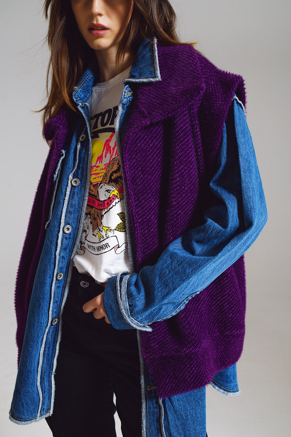 Chaleco de espiga abierto con cuello estilo chal en color morado