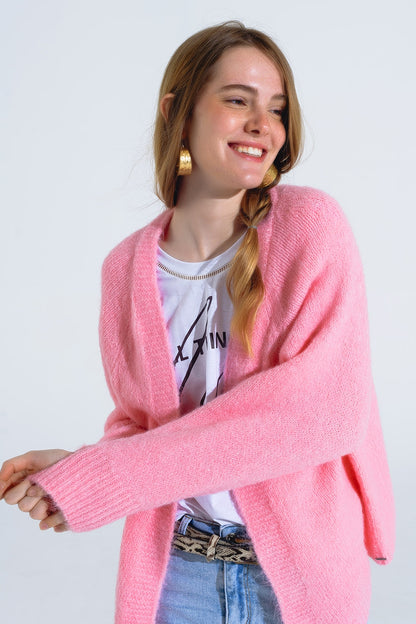Chaqueta abierta oversize de punto mullido en rosa con canalé en ellos y en los puños