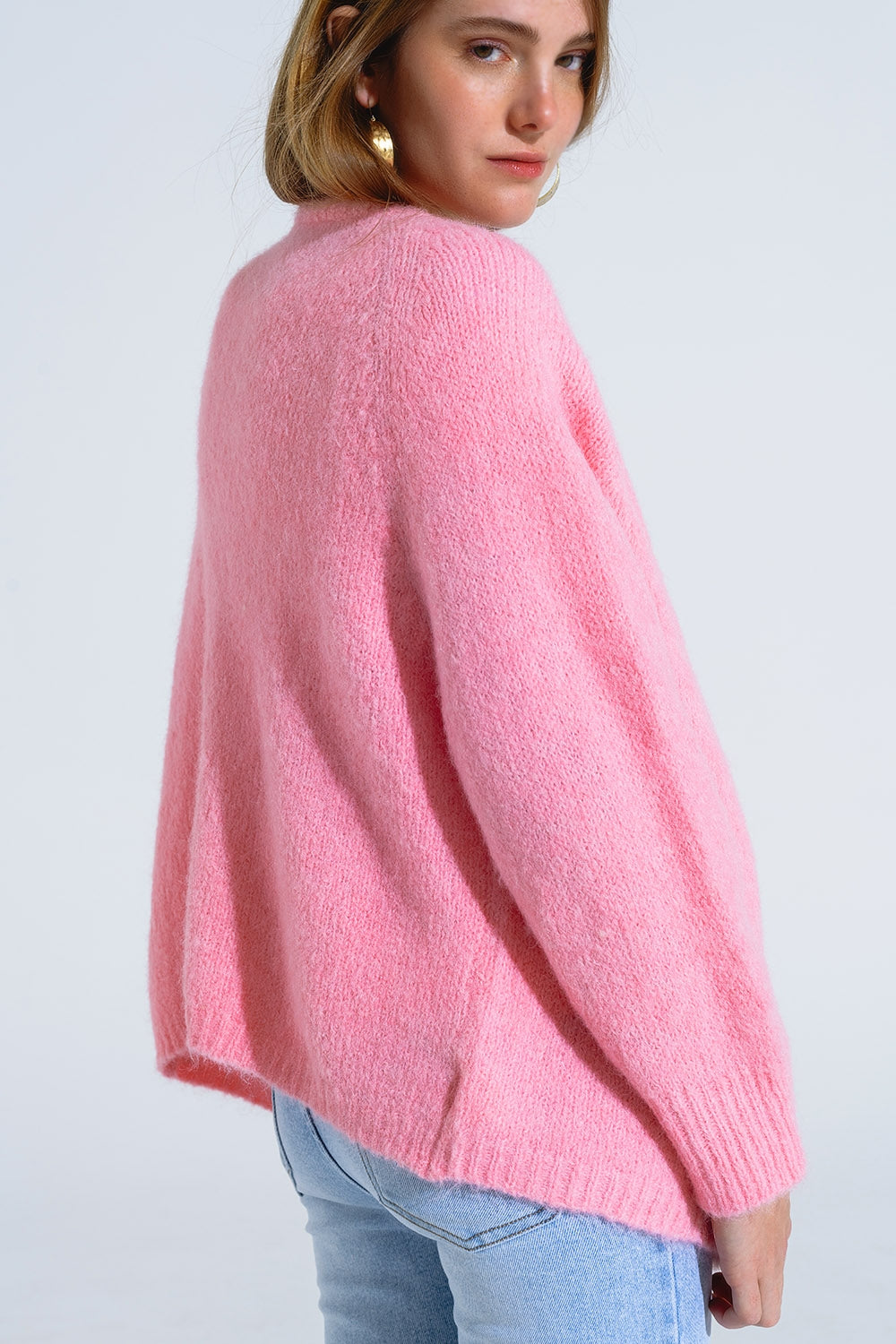 Chaqueta abierta oversize de punto mullido en rosa con canalé en ellos y en los puños