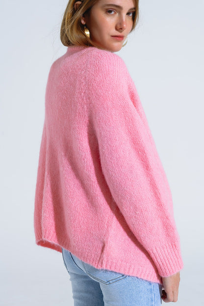 Chaqueta abierta oversize de punto mullido en rosa con canalé en ellos y en los puños