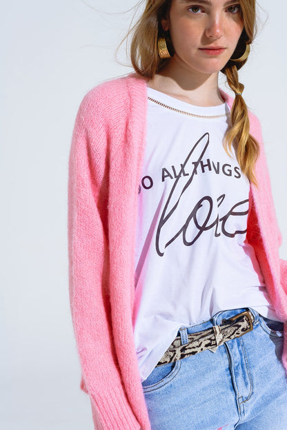 Chaqueta abierta oversize de punto mullido en rosa con canalé en ellos y en los puños