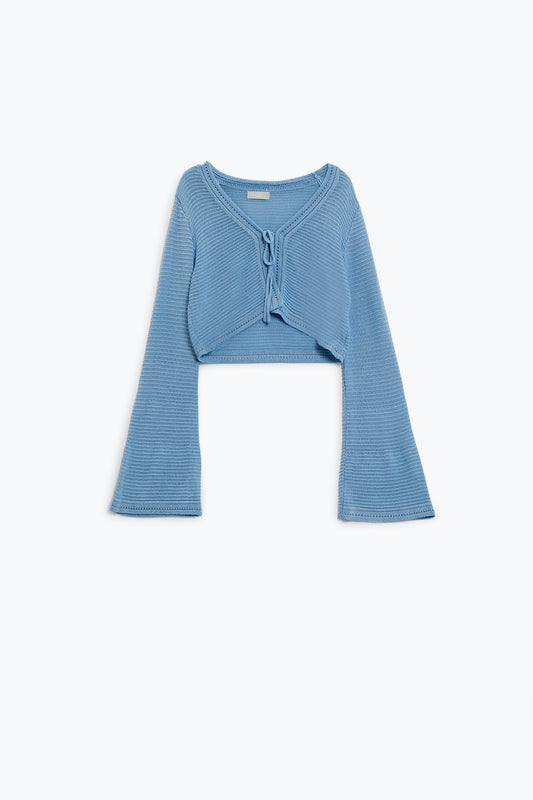 Q2 Chaqueta de punto de manga larga en azul con detalle de nudo