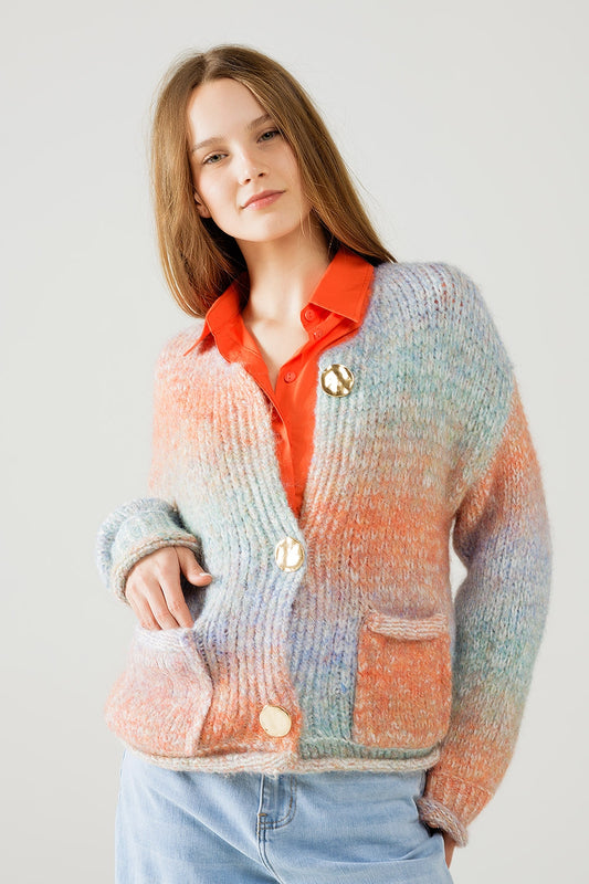 Q2 Chaqueta de punto multicolor con 3 botones dorados