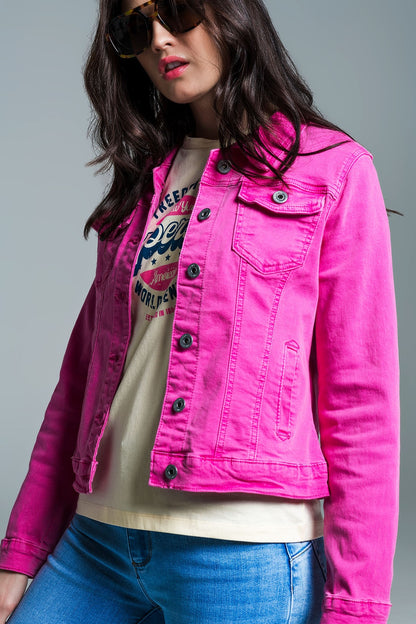 Chaqueta vaquera básica con bolsillos en rosa