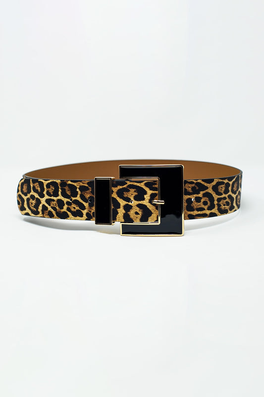 Q2 Cinturón ancho de leopardo con hebilla cuadrada negra