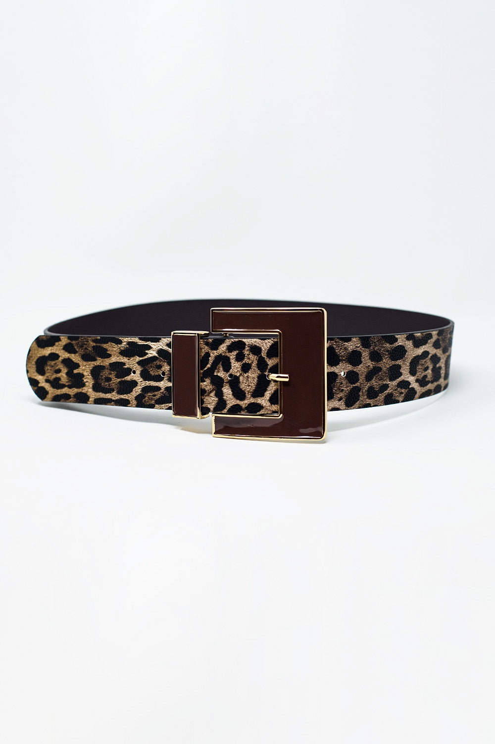 Q2 Cinturón ancho de leopardo en marrón oscuro con hebilla cuadrada negra