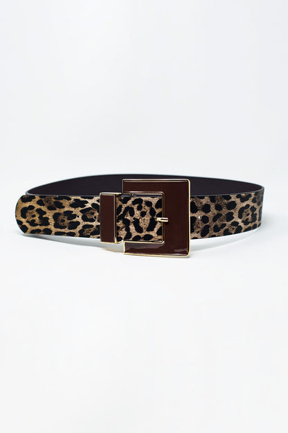 Q2 Cinturón ancho de leopardo en marrón oscuro con hebilla cuadrada negra