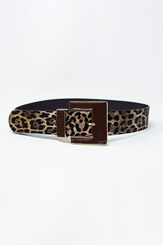 Q2 Cinturón ancho de leopardo en marrón oscuro con hebilla cuadrada negra