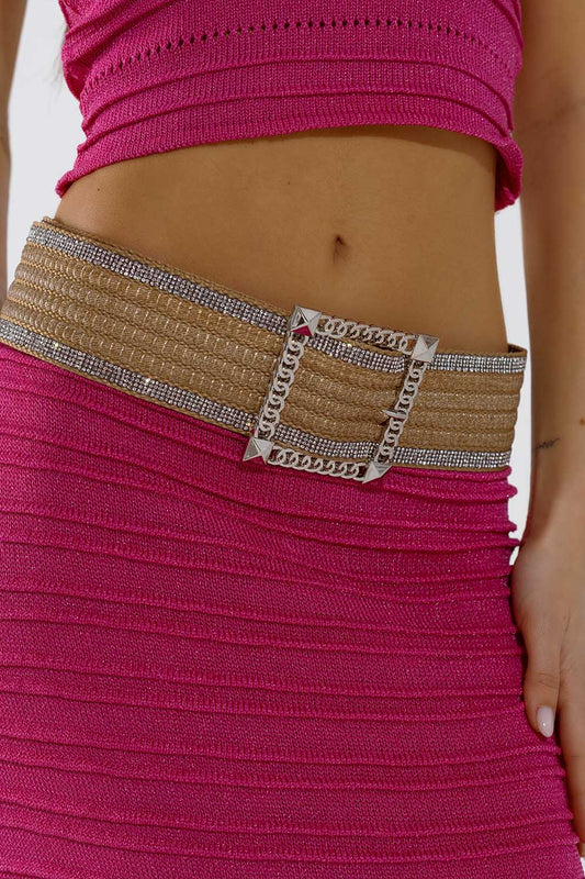 Q2 Cinturón ancho de tejido beige con strass en los bordes y gran hebilla cuadrada plateada