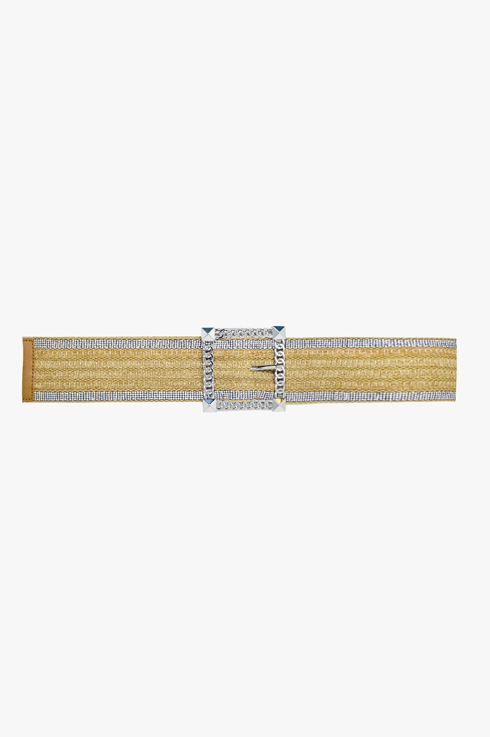 Cinturón ancho de tejido beige con strass en los bordes y gran hebilla cuadrada plateada