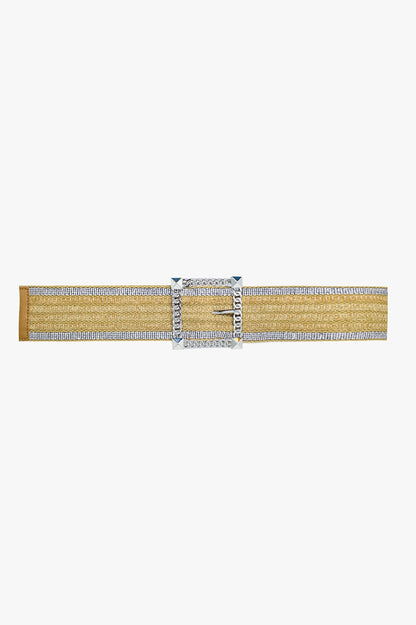 Cinturón ancho de tejido beige con strass en los bordes y gran hebilla cuadrada plateada