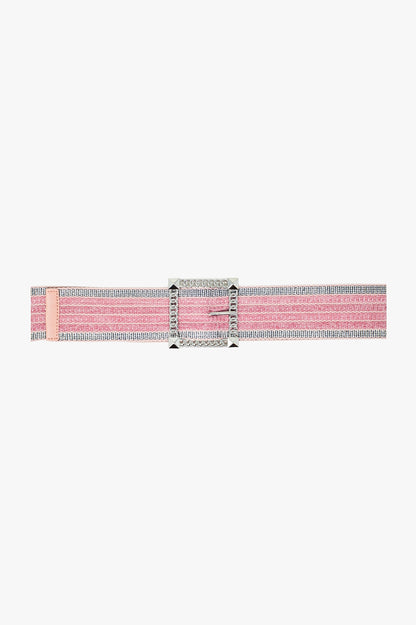 Q2 Cinturón ancho tejido rosa con hebilla cuadrada con adornos plateados