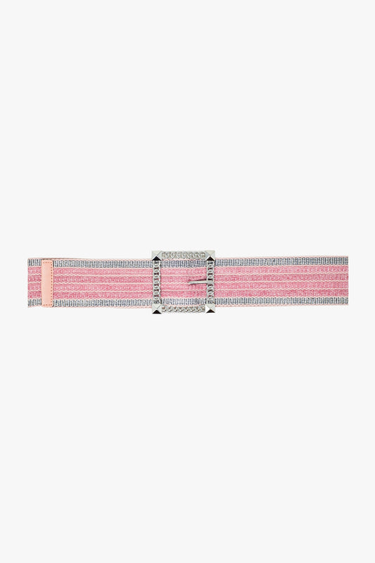 Q2 Cinturón ancho tejido rosa con hebilla cuadrada con adornos plateados