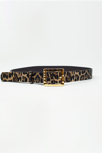 Q2 Cinturón de leopardo de anchura media en marrón oscuro con hebilla dorada