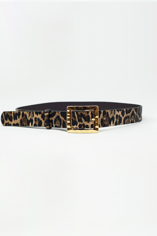 Q2 Cinturón de leopardo de anchura media en marrón oscuro con hebilla dorada
