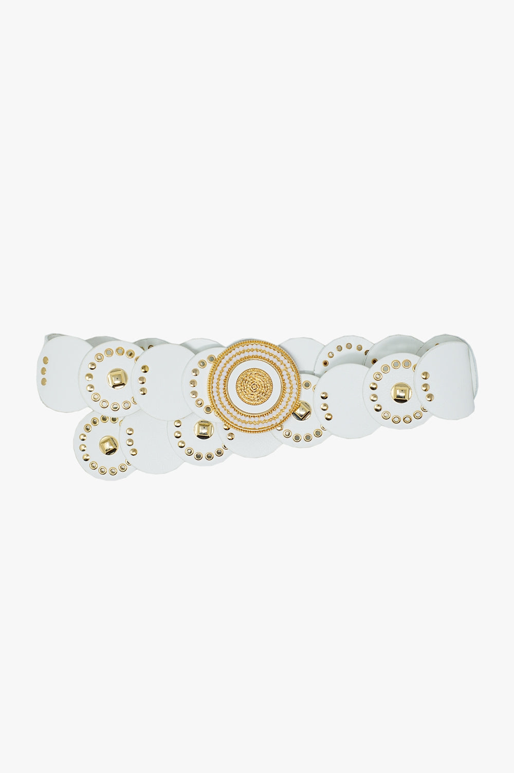 Q2 Cinturón de piel blanca con hebilla redonda de strass blanco y detalles dorados