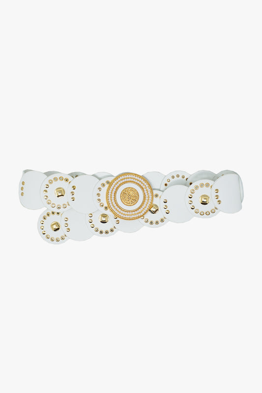Q2 Cinturón de piel blanca con hebilla redonda de strass blanco y detalles dorados