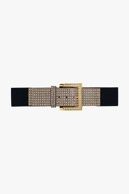 Q2 Cinturón negro ancho con diseño de strass tachonado y hebilla cuadrada.
