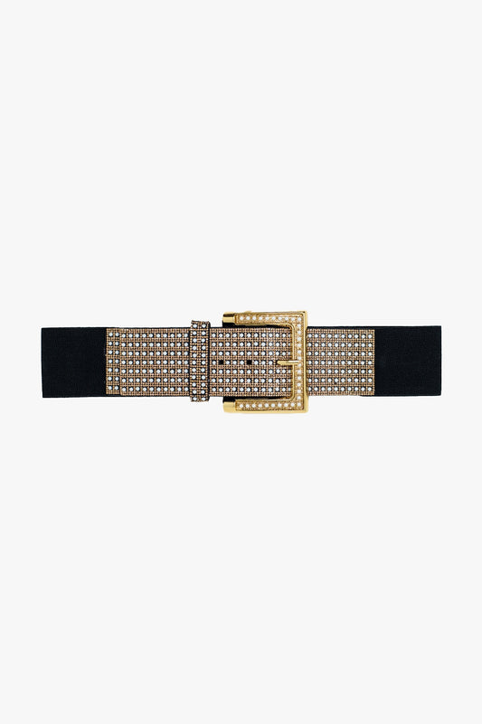 Q2 Cinturón negro ancho con diseño de strass tachonado y hebilla cuadrada.