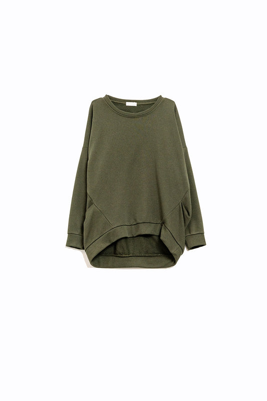 Q2 Cómodo jersey verde con cuello redondo