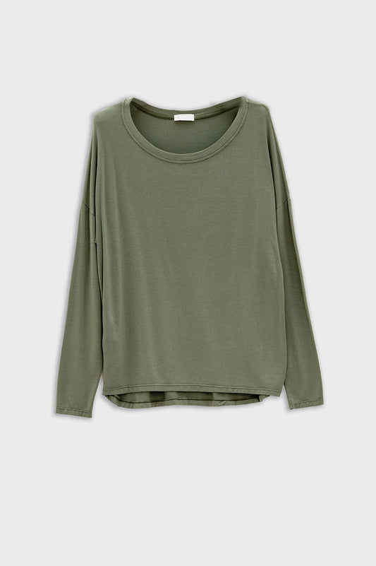 Q2 Cuello barco Camiseta de manga larga de modal en color caqui