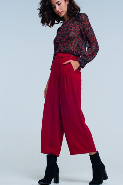 Q2 Culottes granate de pierna ancha con detalle cintura
